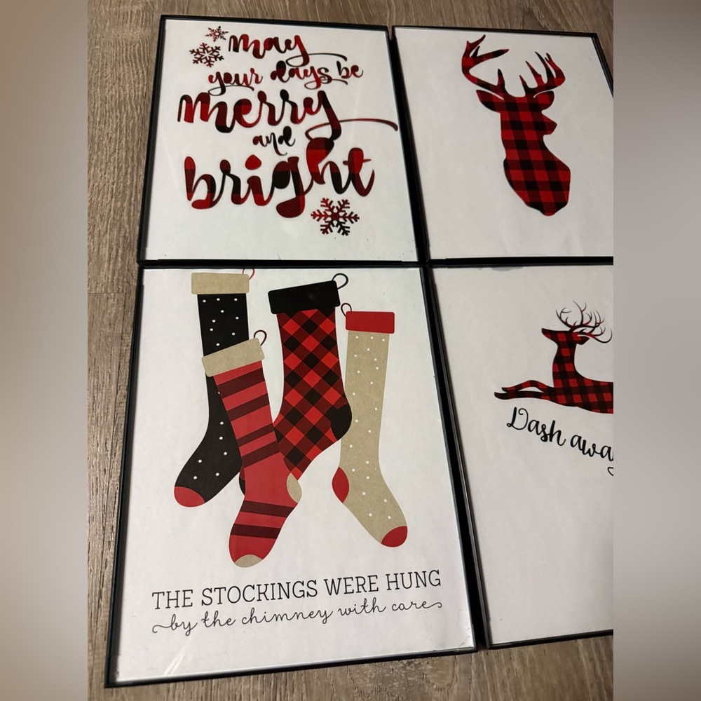 Plaid Christmas Wall Art Set of 4 Framed Reindeer Stockings Holiday Decor - Picture 3 of 4